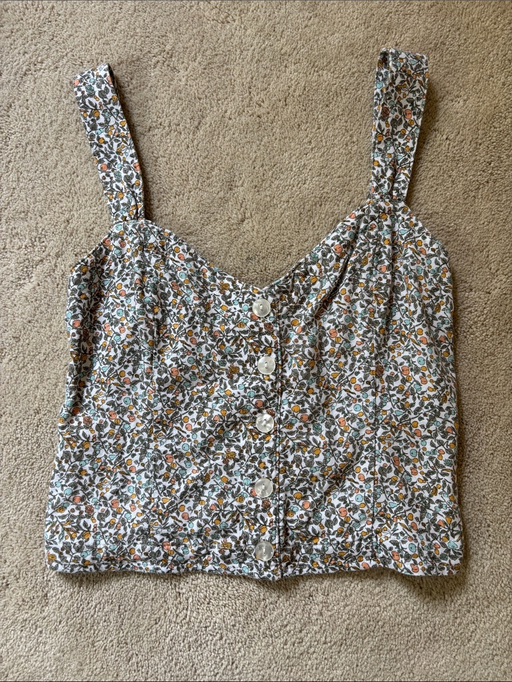 Abercrombie & Fitch White Floral Button Crop Tank with Green & Orange Print